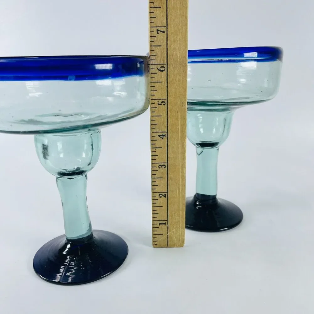2 LG Hand Blown Margarita Glasses Clear w/ Cobalt Blue Rim & Base Cocktail Glass